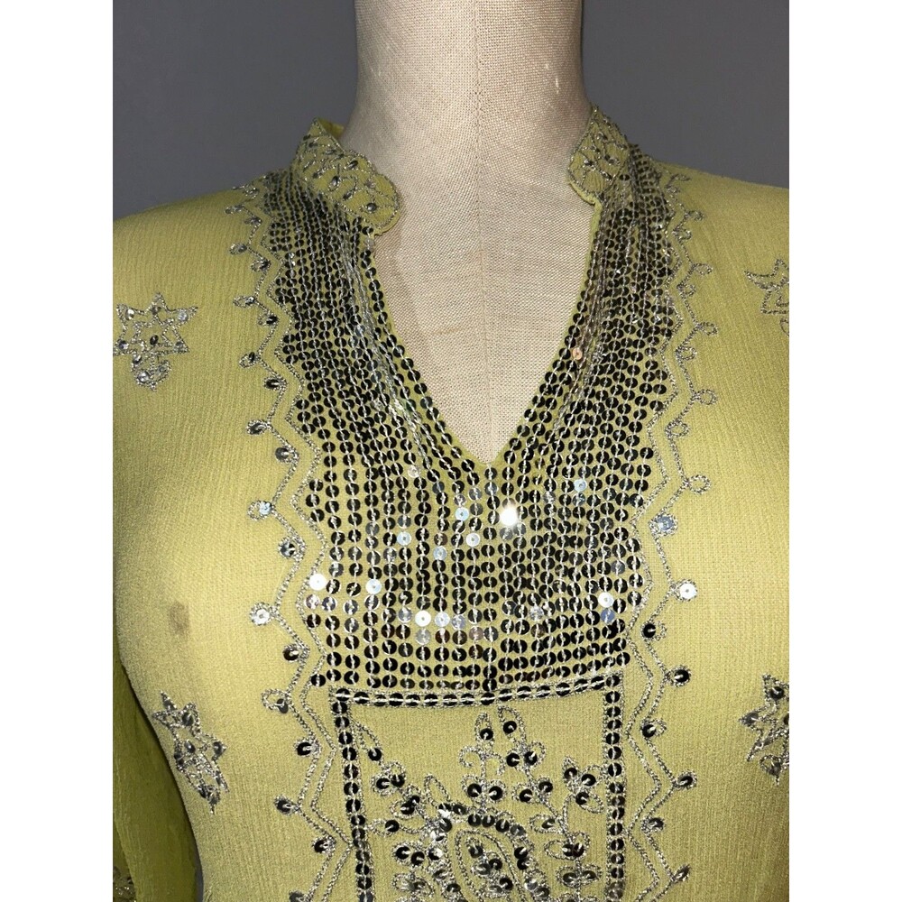 Dressbarn Vintage Women’s Sequined Silk Chiffon Tunic Top size M Lime Green Boho - Picture 2 of 9